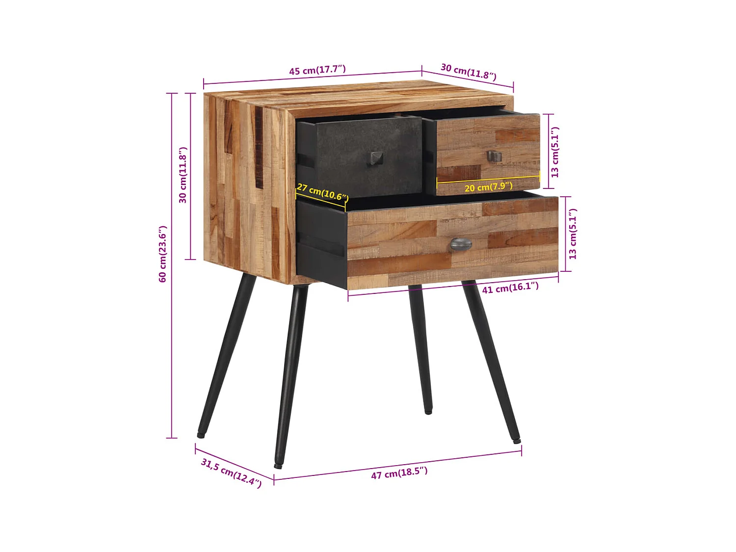 Table de chevet 47x31,5x60 cm bois massif de teck