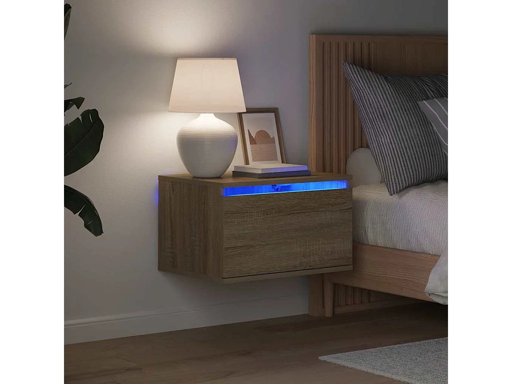 Table de chevet murale avec lumières LED chêne sonoma