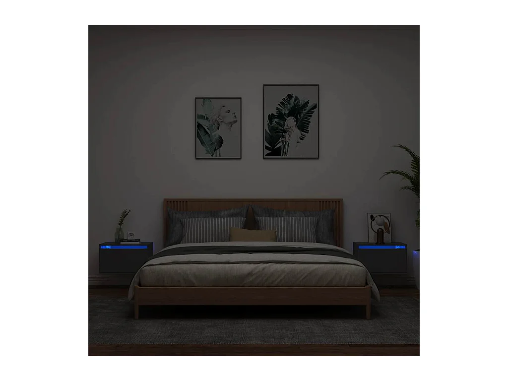 Tables de chevet murales avec lumières LED 2 pcs noir
