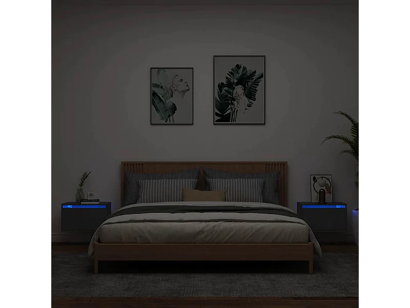 Tables de chevet murales avec lumières LED 2 pcs noir