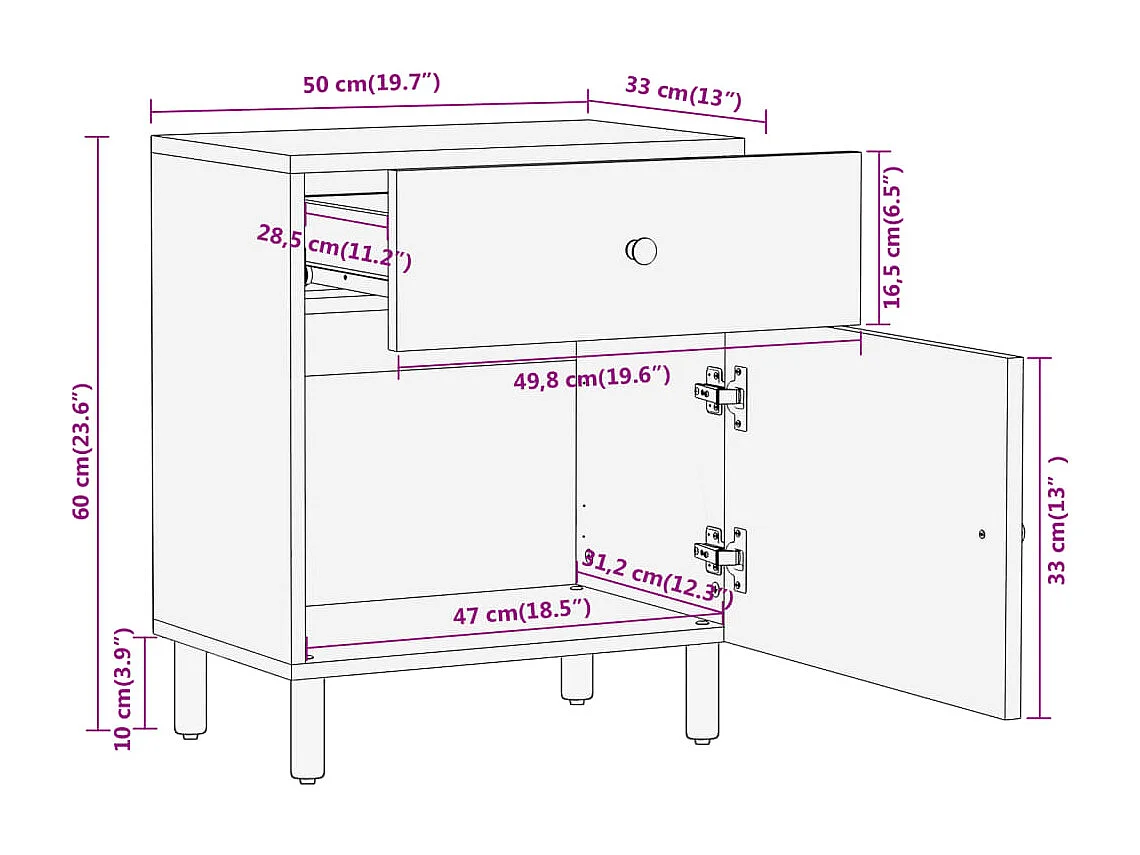 Nachtkastje 50x33x60 cm massief acaciahout