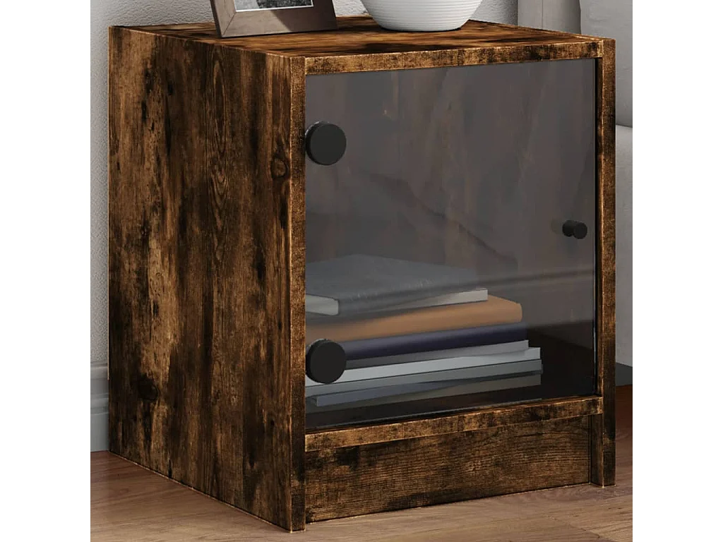Table de chevet avec porte en verre chêne fumé 35x37x42 cm