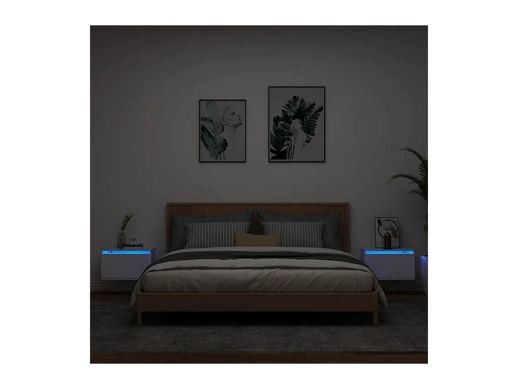 Tables de chevet murales avec lumières LED 2 pcs blanc