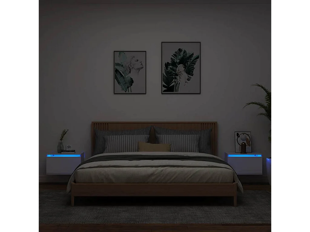 Tables de chevet murales avec lumières LED 2 pcs blanc