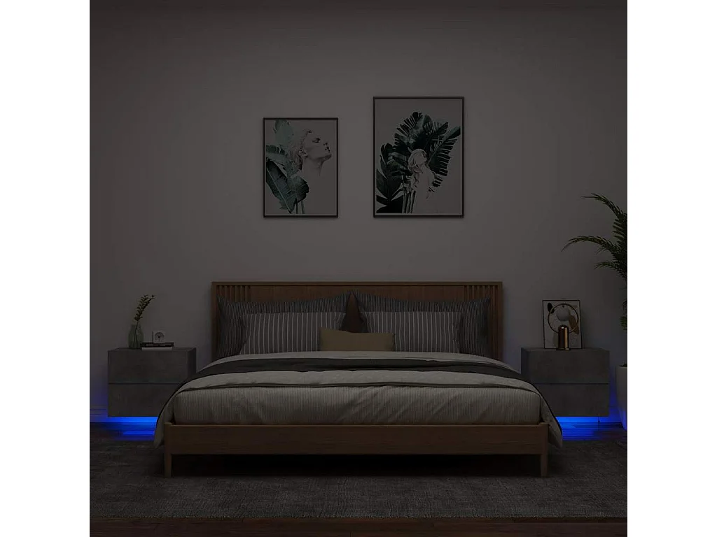 Tables de chevet murales avec lumières LED 2 pcs gris béton