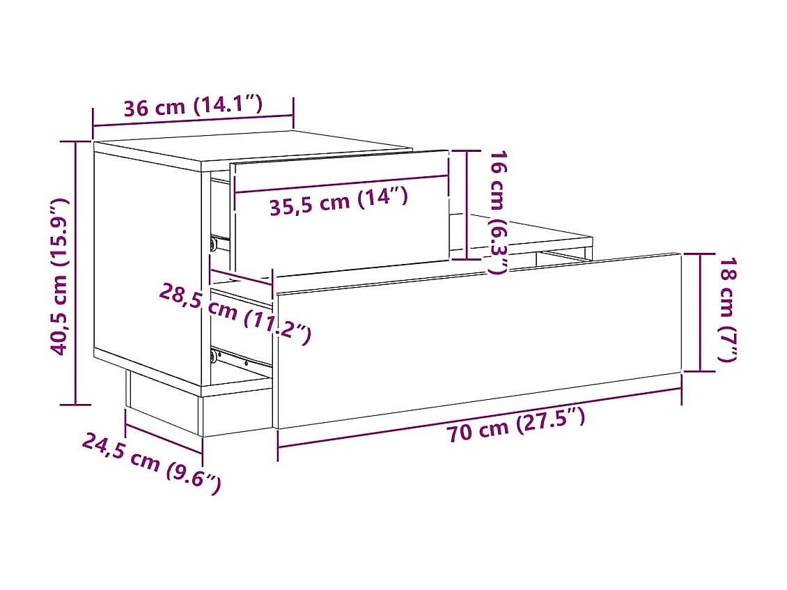 Table de chevet avec lumières LED chêne marron 70x36x40,5 cm
