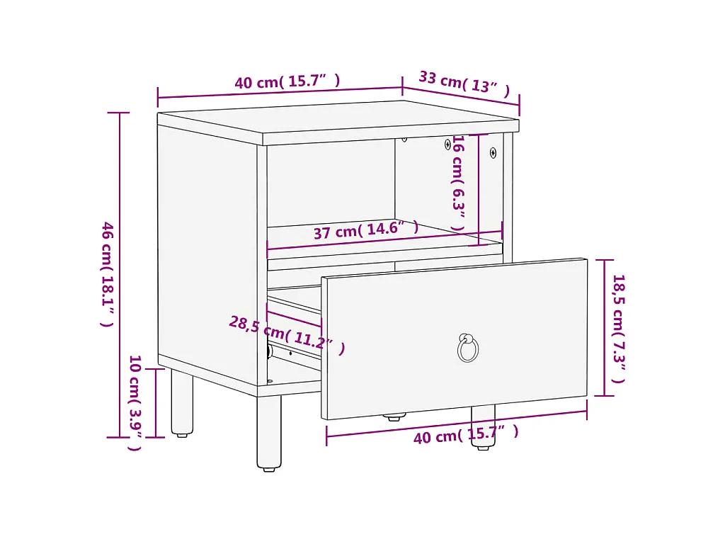 Table de chevet 40x33x46 cm Bois de manguier solide