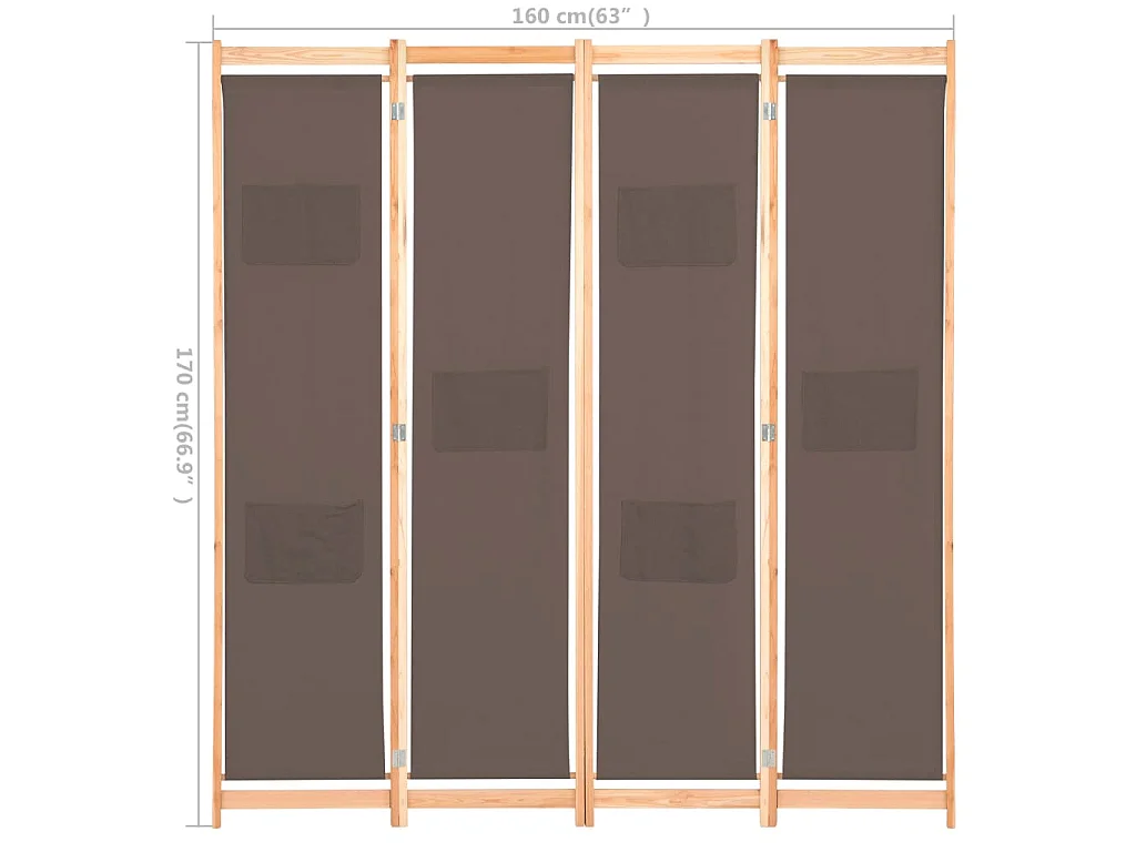 Biombo divisor de 4 paneles de tela marrón 160x170x4 cm