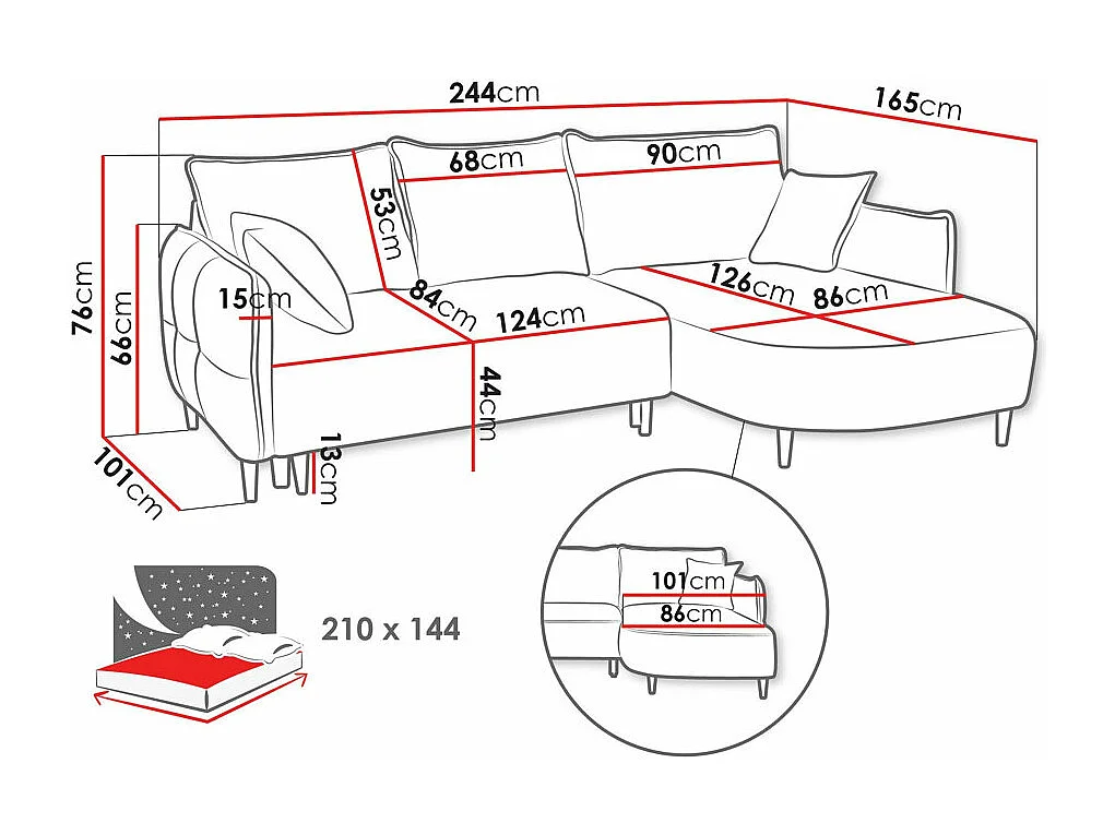 Canapé d'angle TrendyNest 101, Gris, Fonction de couchage, Boîte de literie, 244x165x76cm