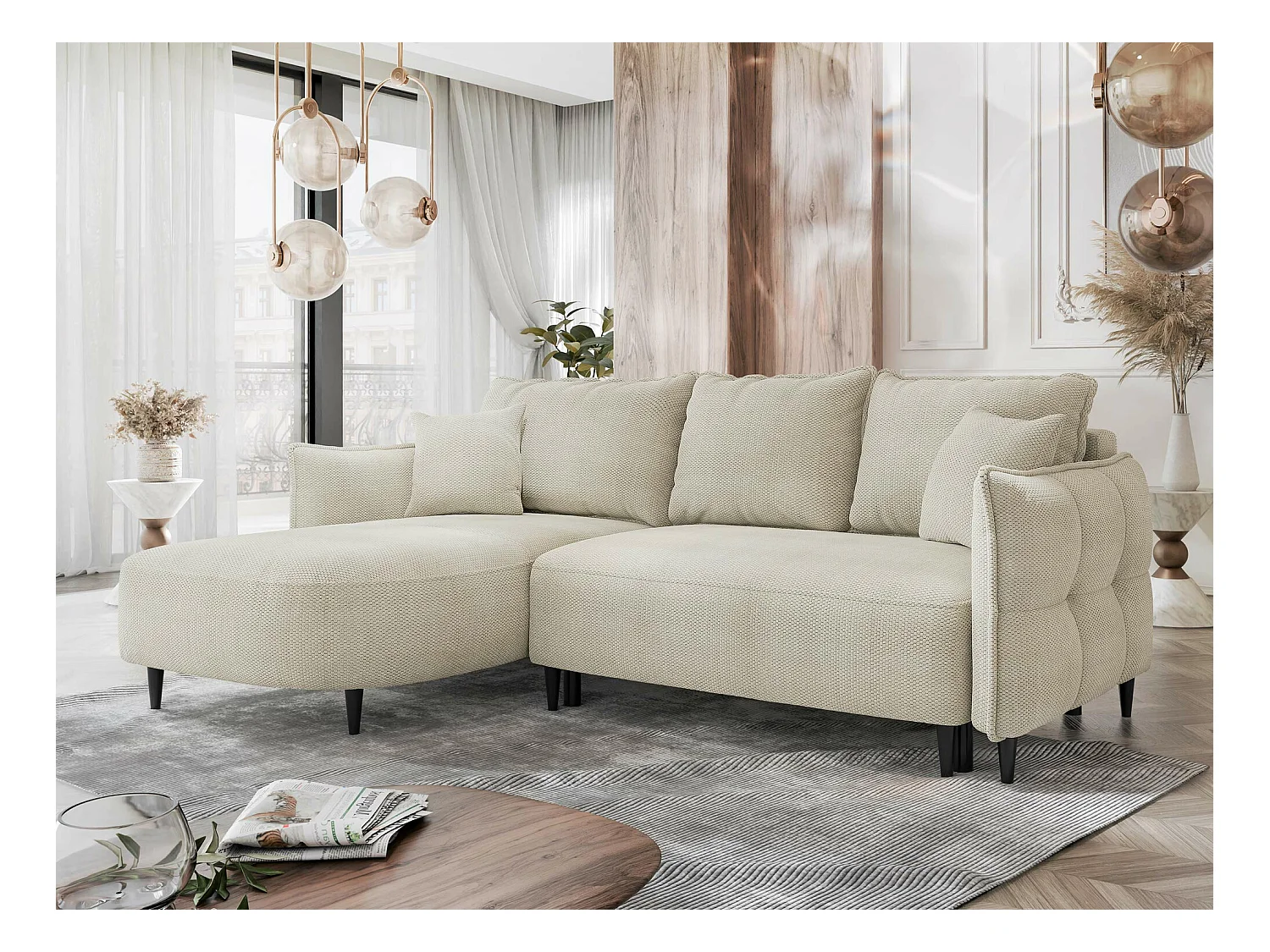 Canapé d'angle TrendyNest 101, Brun clair, Fonction de couchage, Boîte de literie, 244cm