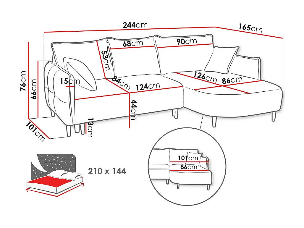 Canapé d'angle TrendyNest 101, Gris, Fonction de couchage, Boîte de literie, 244x165x76cm
