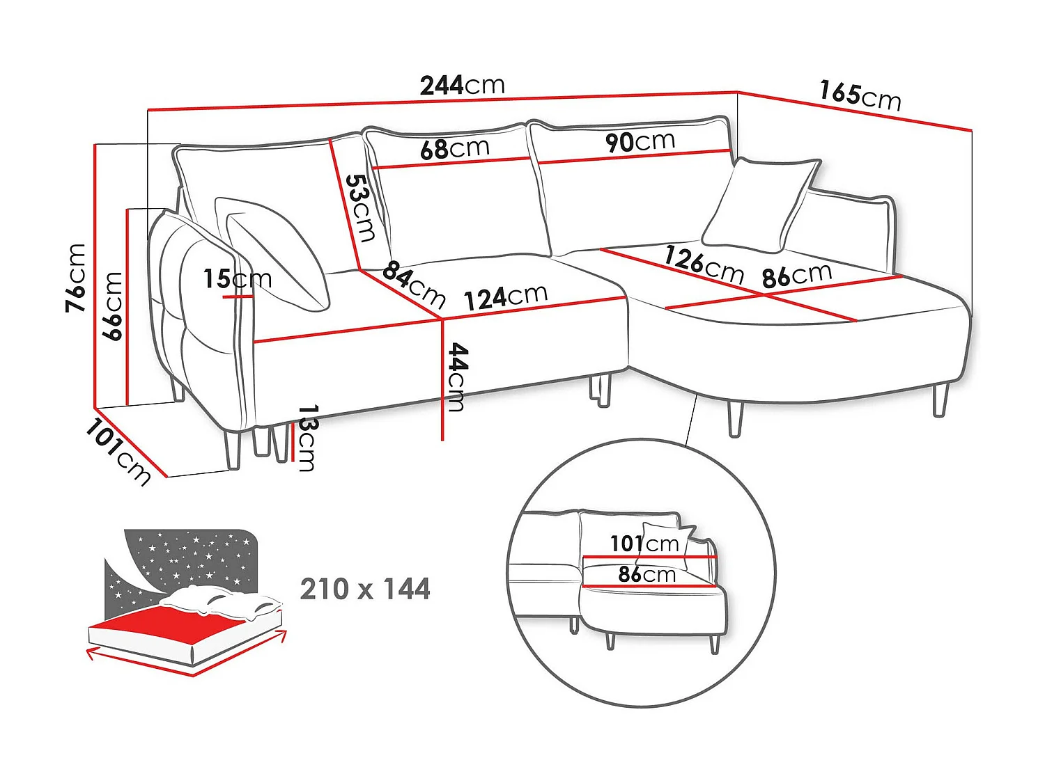 Canapé d'angle TrendyNest 101, Gris, Fonction de couchage, Boîte de literie, 244x165x76cm