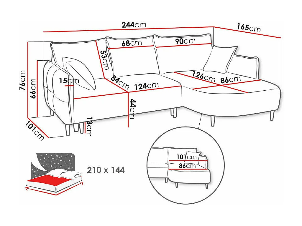 Canapé d'angle TrendyNest 101, Brun clair, Fonction de couchage, Boîte de literie, 244cm