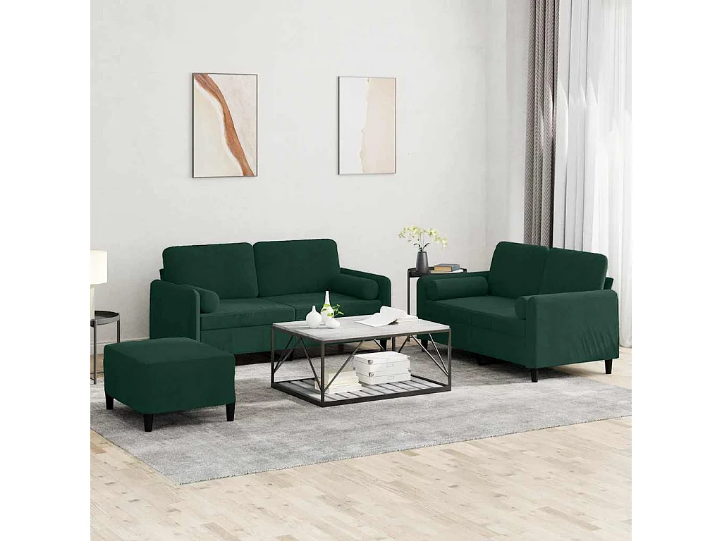 Set di Divani 3 pz con Cuscini Verde Scuro in Velluto