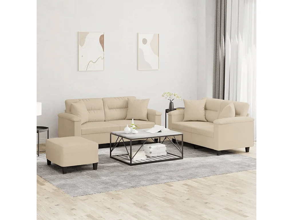 3-delige Loungeset met kussens microvezelstof crèmekleurig