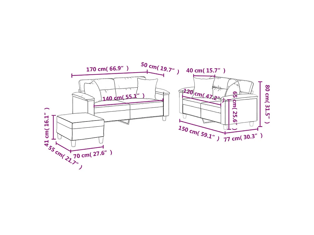 3-delige Loungeset met kussens microvezelstof crèmekleurig