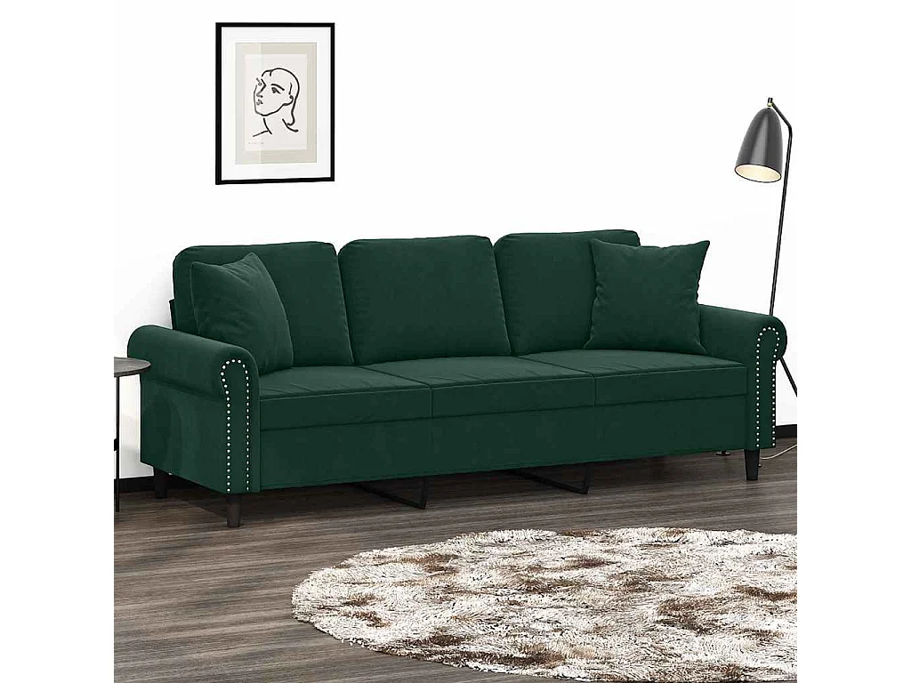 Divano a 3 Posti con Cuscini Verde Scuro 180 cm in Velluto