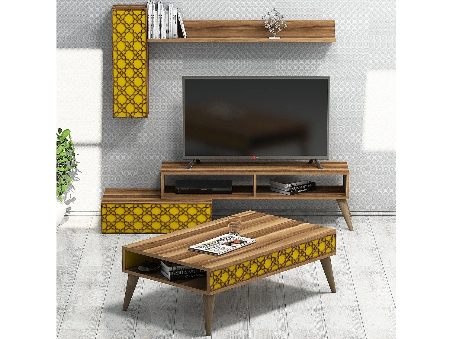 Ensemble meuble de salon Atho 3 pièces Motif Arabesque Bois foncé et Jaune