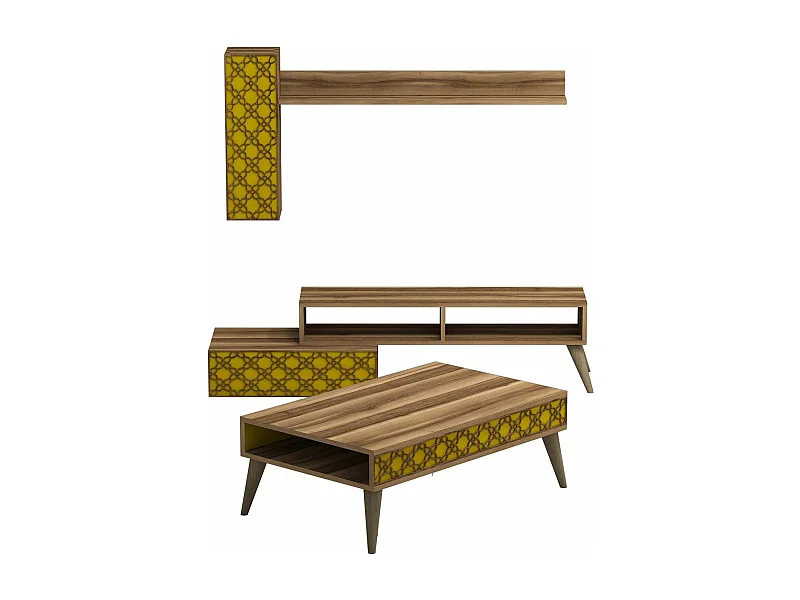 Ensemble meuble de salon Atho 3 pièces Motif Arabesque Bois foncé et Jaune