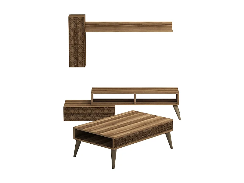 Ensemble meuble de salon Atho 3 pièces Motif Arabesque Bois foncé