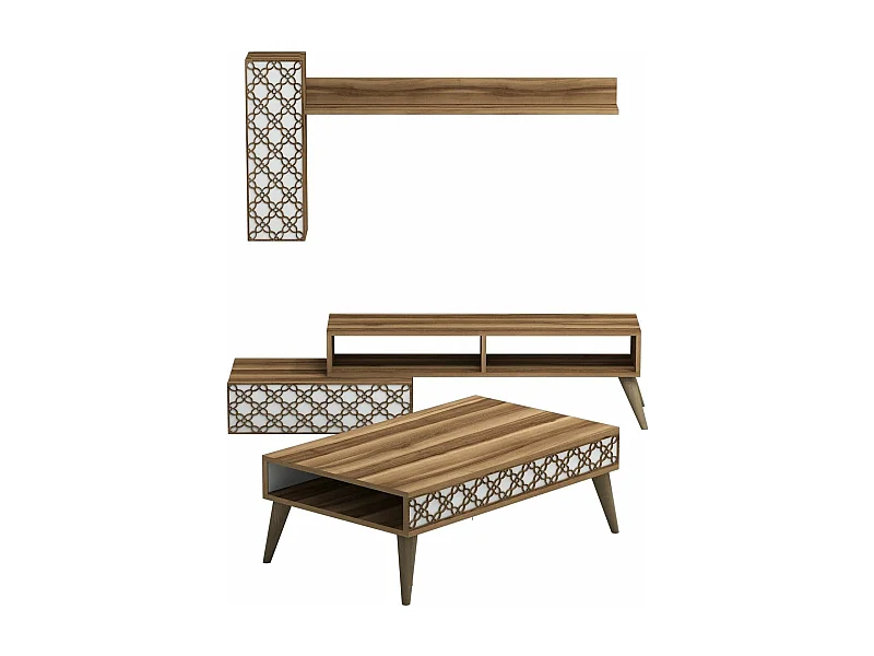 Ensemble meuble de salon Atho 3 pièces Motif Arabesque Bois foncé et Blanc