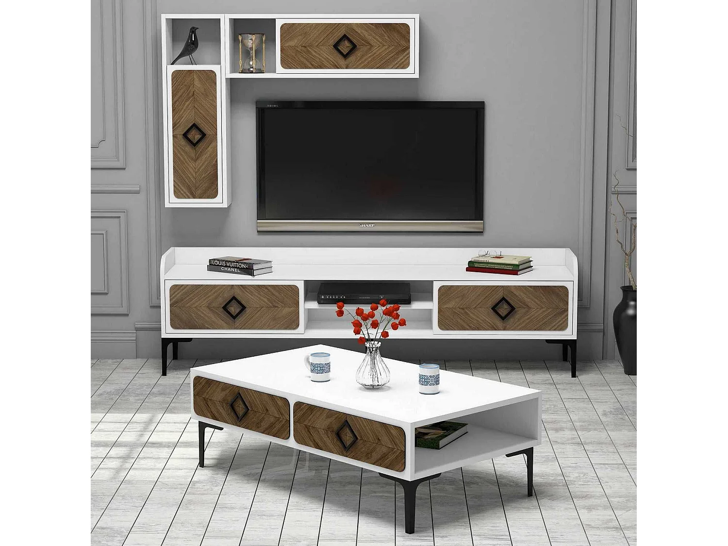 Ensemble de meubles de salon Elzy 3 meubles Blanc et Bois foncé
