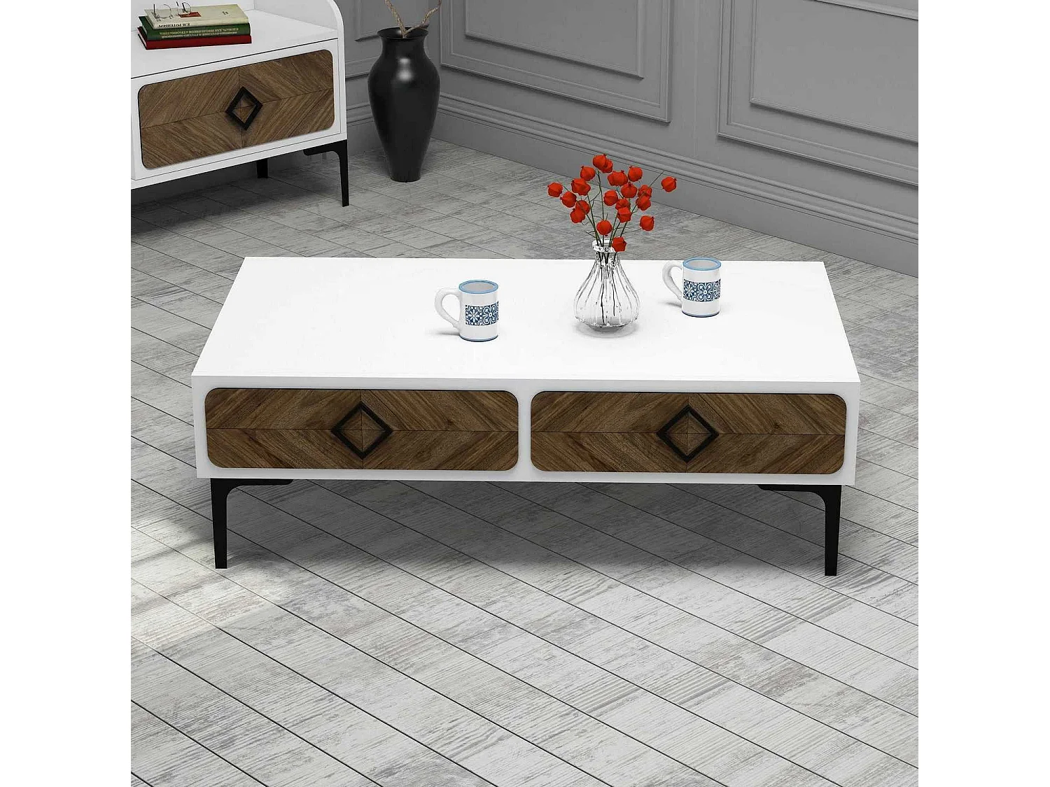 Ensemble de meubles de salon Elzy 3 meubles Blanc et Bois foncé