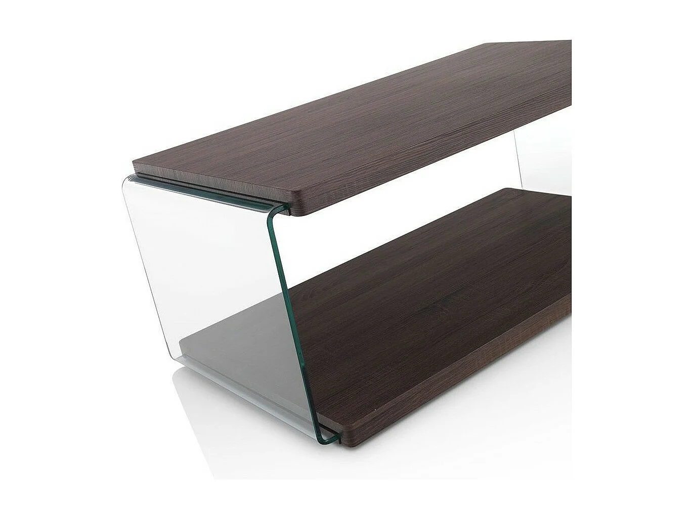 Salontafel van donker notenhout en transparante glazen poten Osso L 110 cm