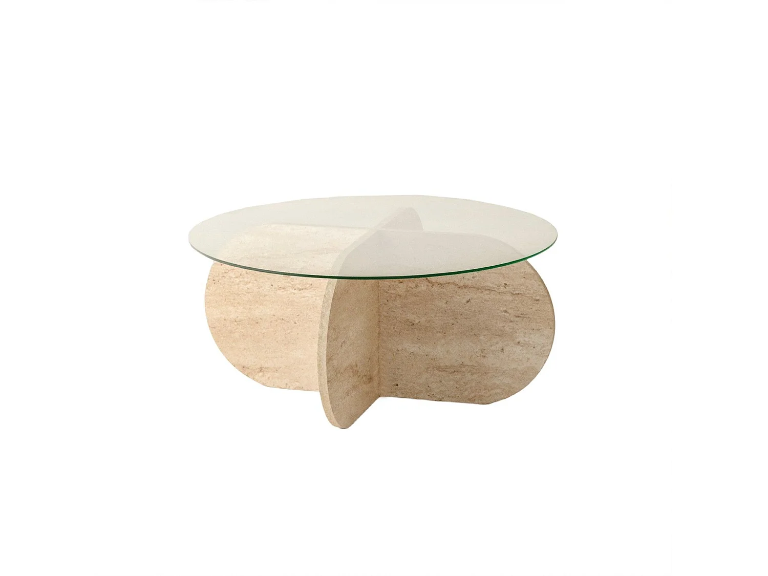 Table basse ronde design Helvya D75cm Verre Transparent et Effet travertin Beige