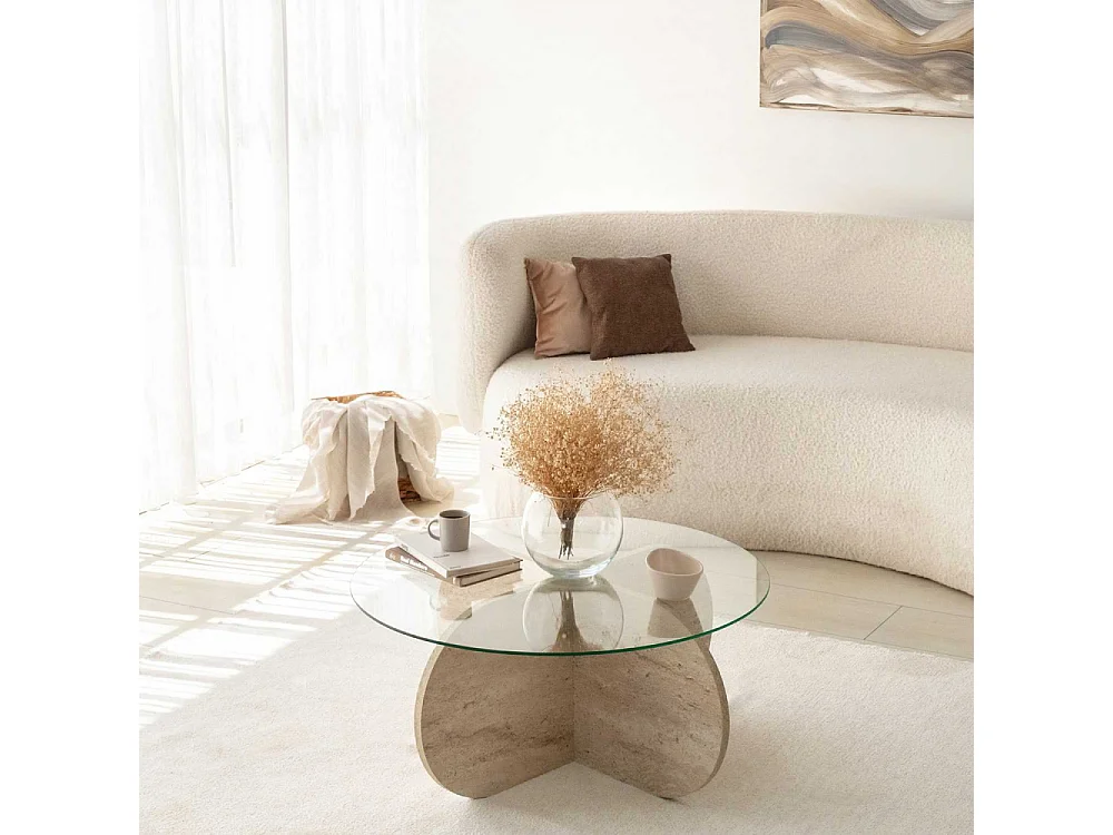 Table basse ronde design Helvya D75cm Verre Transparent et Effet travertin Beige