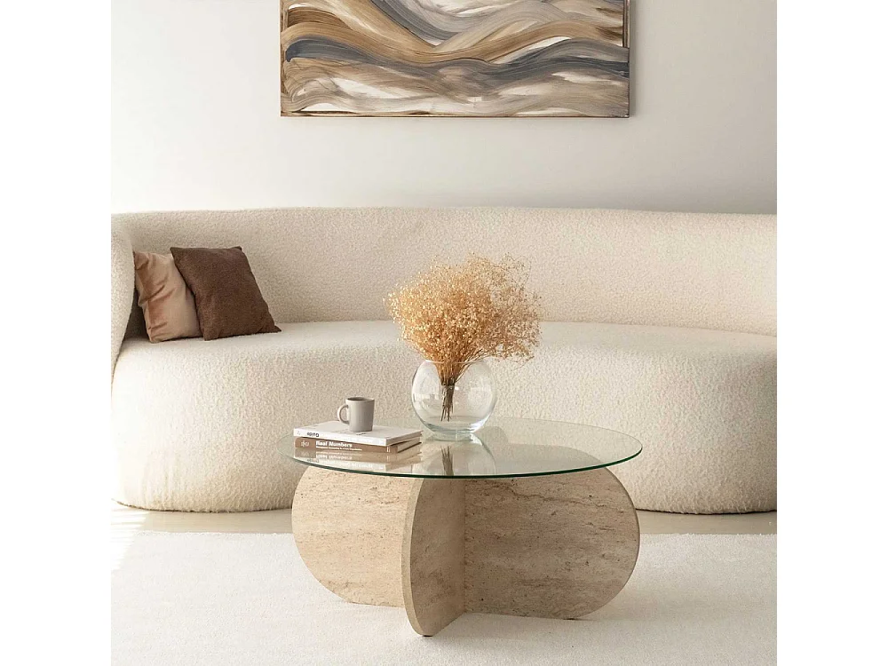 Table basse ronde design Helvya D75cm Verre Transparent et Effet travertin Beige