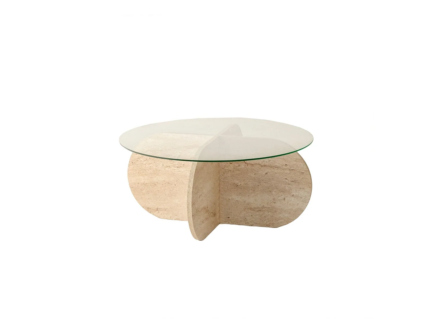 Table basse ronde design Helvya D75cm Verre Transparent et Effet travertin Beige