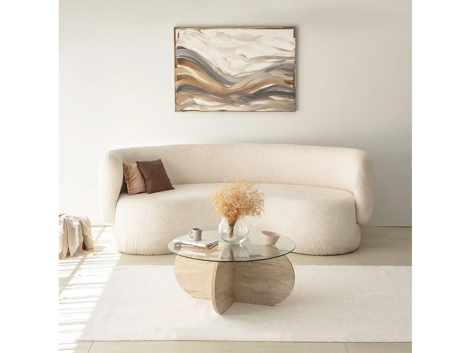 Table basse ronde design Helvya D75cm Verre Transparent et Effet travertin Beige