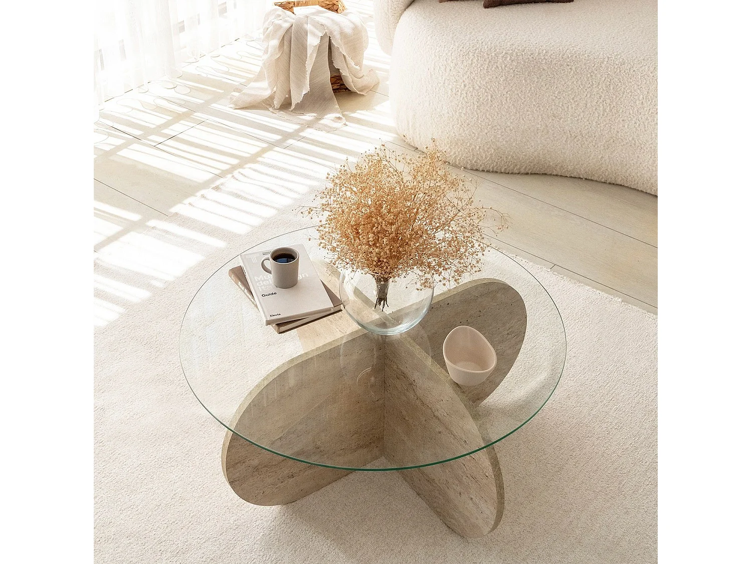Table basse ronde design Helvya D75cm Verre Transparent et Effet travertin Beige