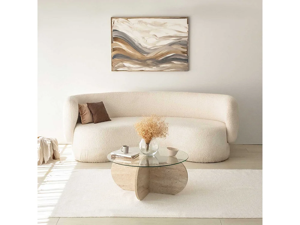 Table basse ronde design Helvya D75cm Verre Transparent et Effet travertin Beige