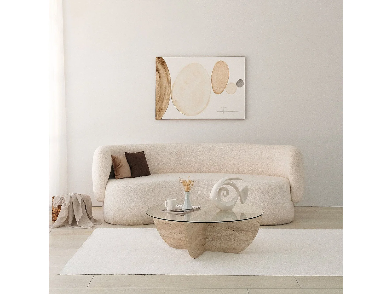 Table basse ronde design Luxy D90cm Verre Transparent et Effet travertin Beige