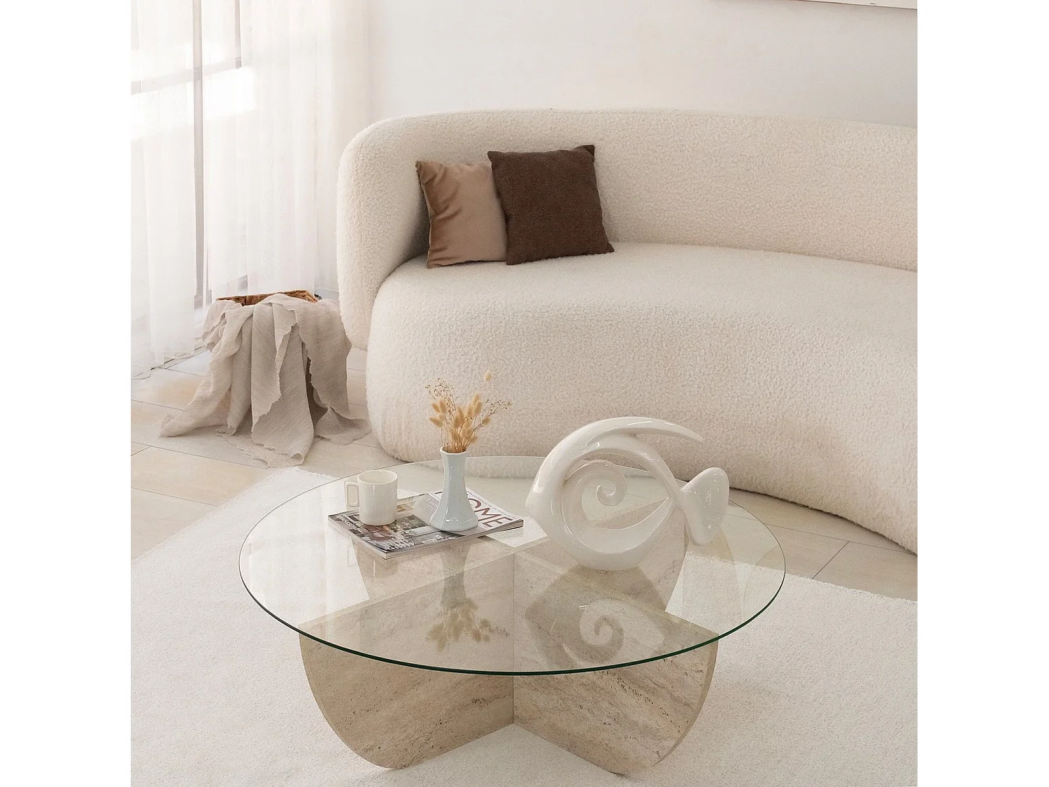Table basse ronde design Luxy D90cm Verre Transparent et Effet travertin Beige