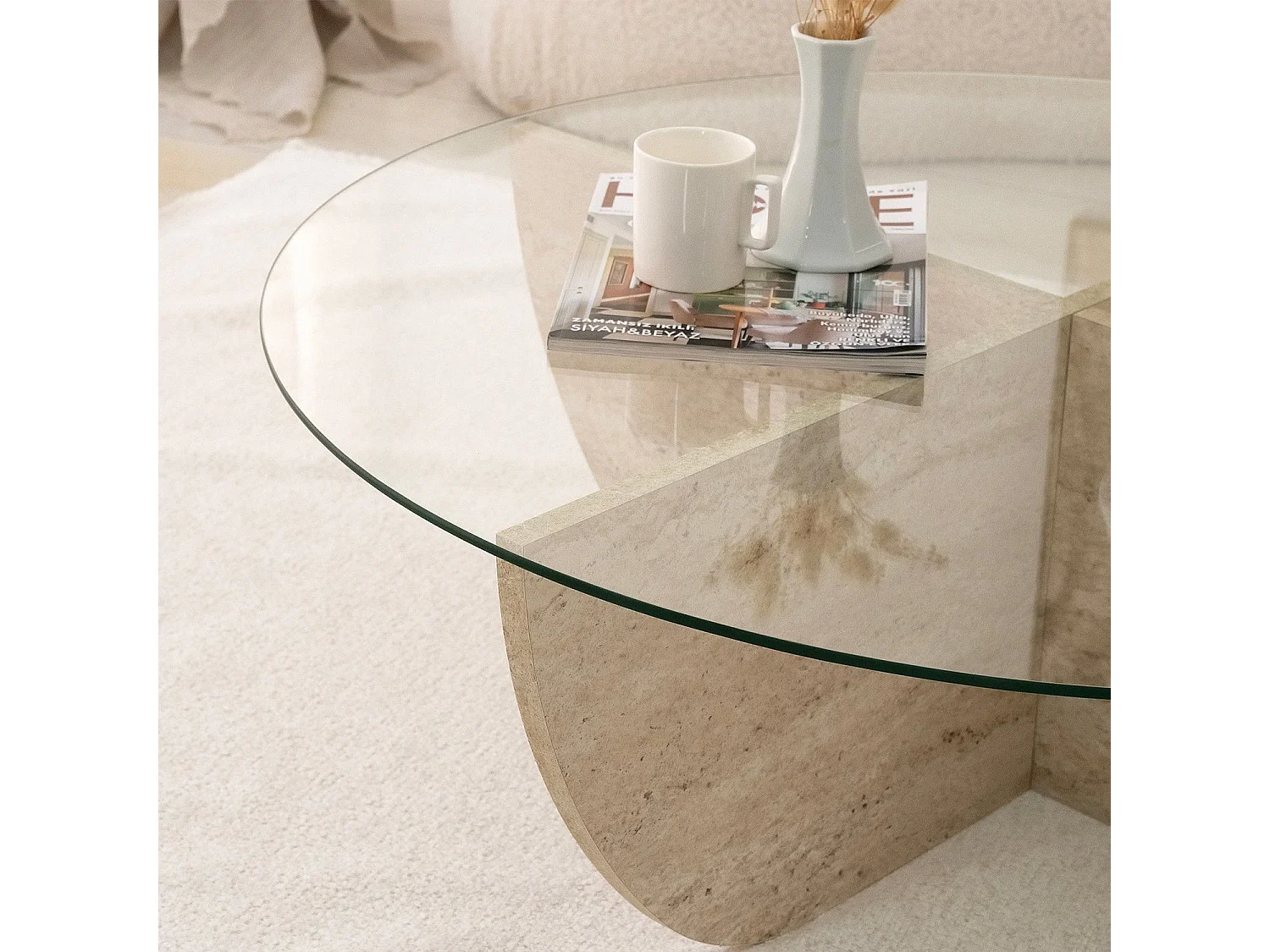 Table basse ronde design Luxy D90cm Verre Transparent et Effet travertin Beige