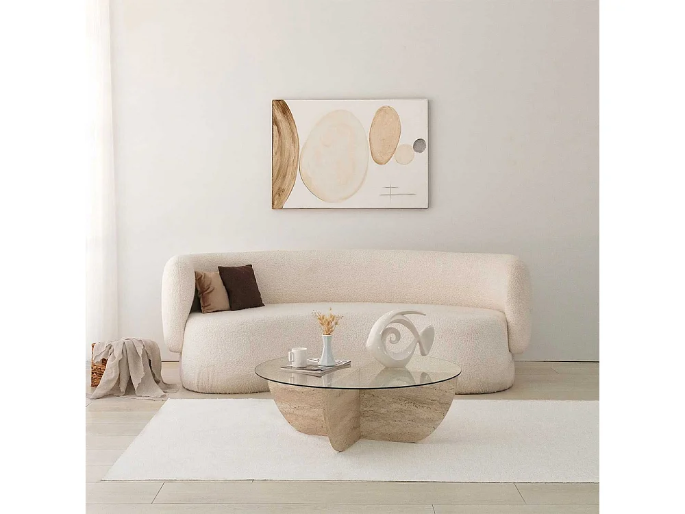 Table basse ronde design Luxy D90cm Verre Transparent et Effet travertin Beige