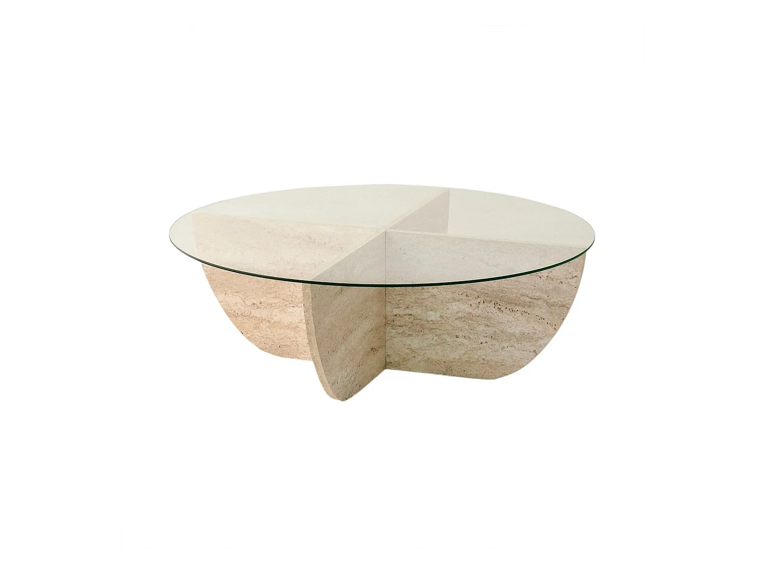 Table basse ronde design Luxy D90cm Verre Transparent et Effet travertin Beige