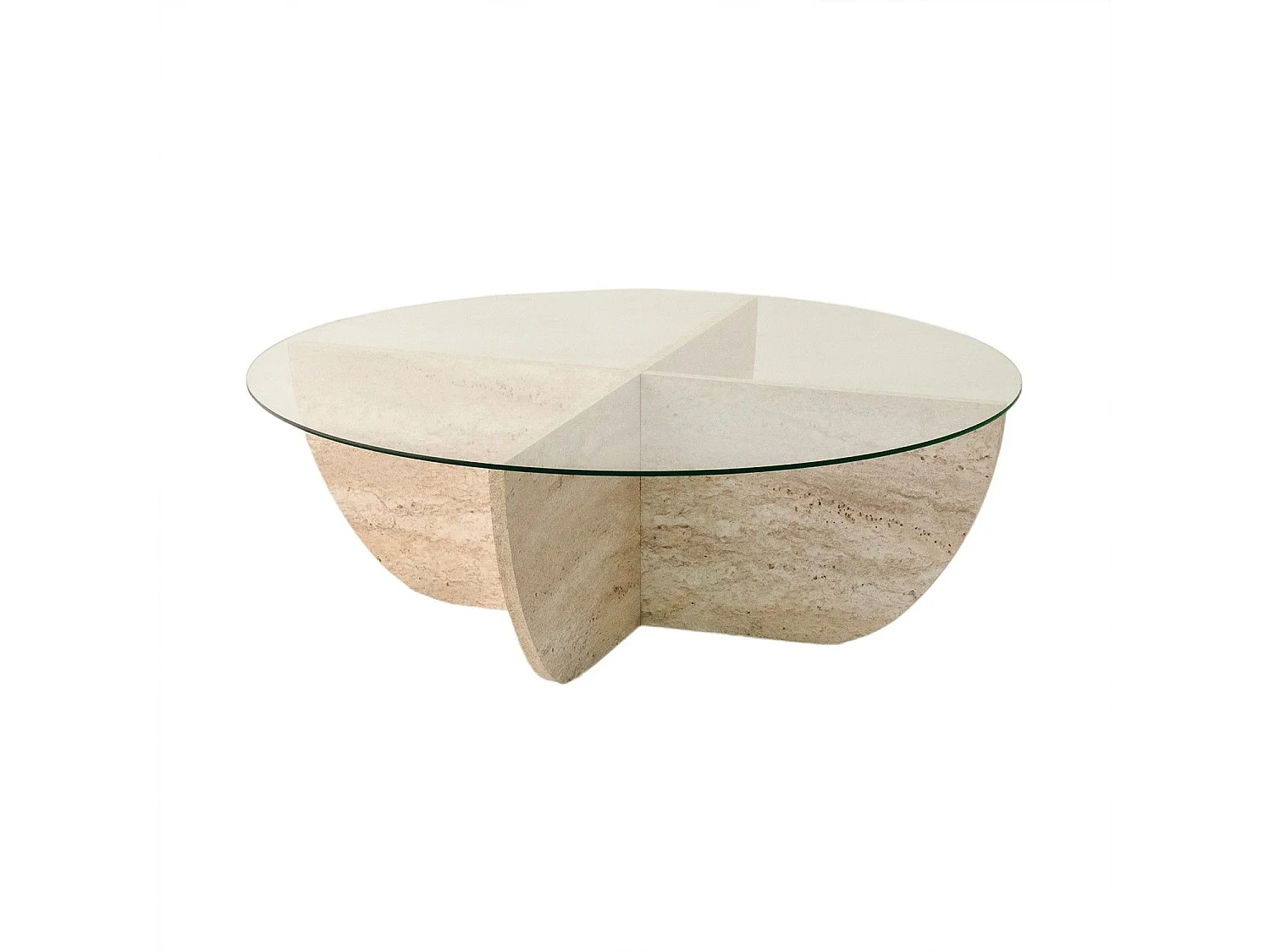 Table basse ronde design Luxy D90cm Verre Transparent et Effet travertin Beige