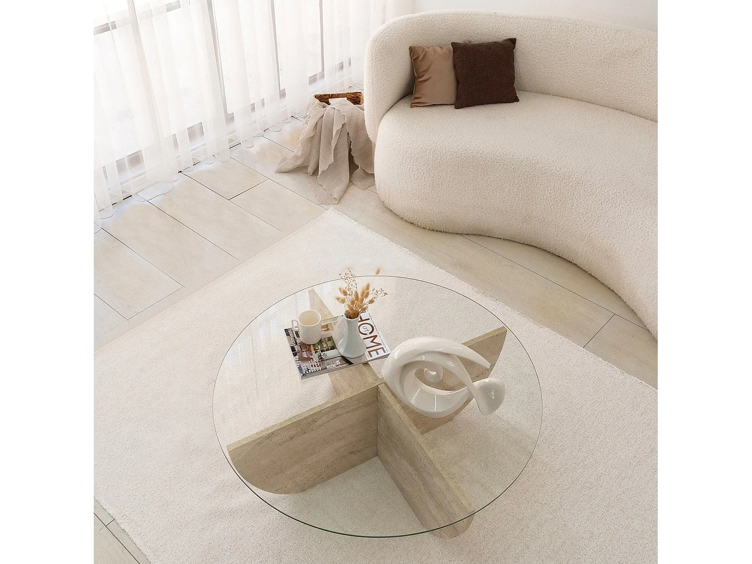 Table basse ronde design Luxy D90cm Verre Transparent et Effet travertin Beige