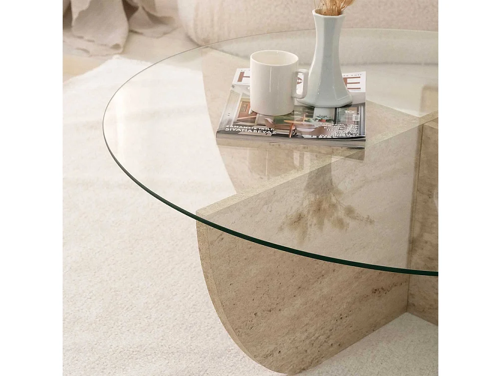 Table basse ronde design Luxy D90cm Verre Transparent et Effet travertin Beige