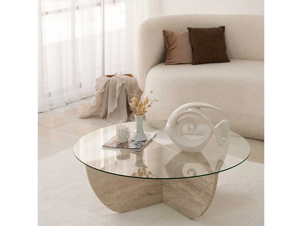 Table basse ronde design Luxy D90cm Verre Transparent et Effet travertin Beige