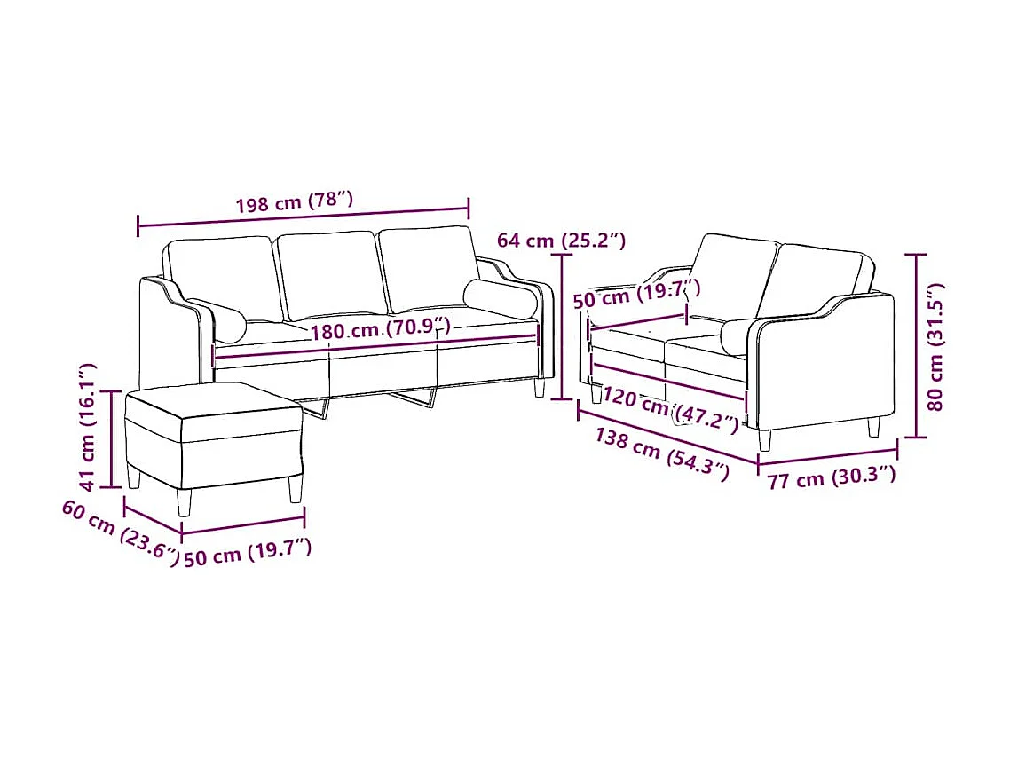 3-delige Loungeset met kussens stof lichtgrijs