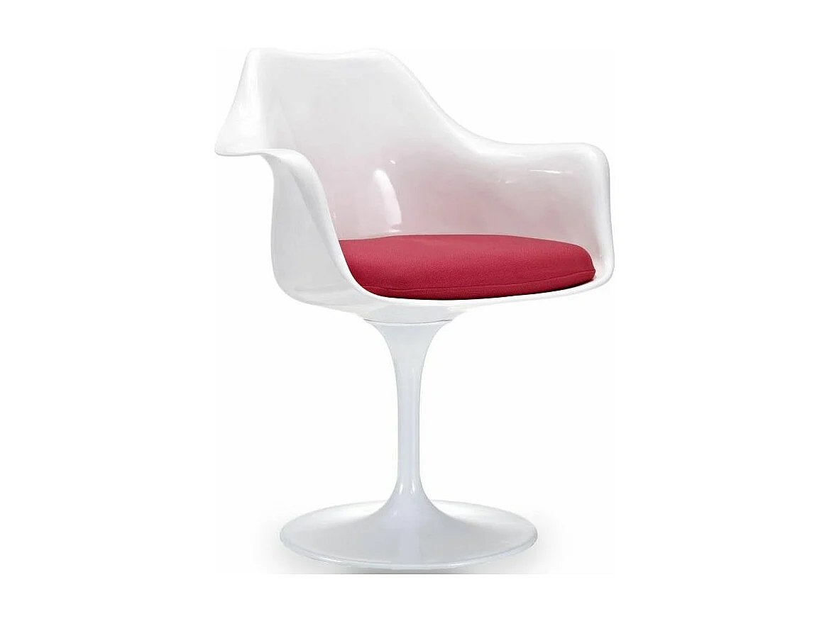 Fauteuil blanc brillant avec coussin tissu rouge pétale de tulipe