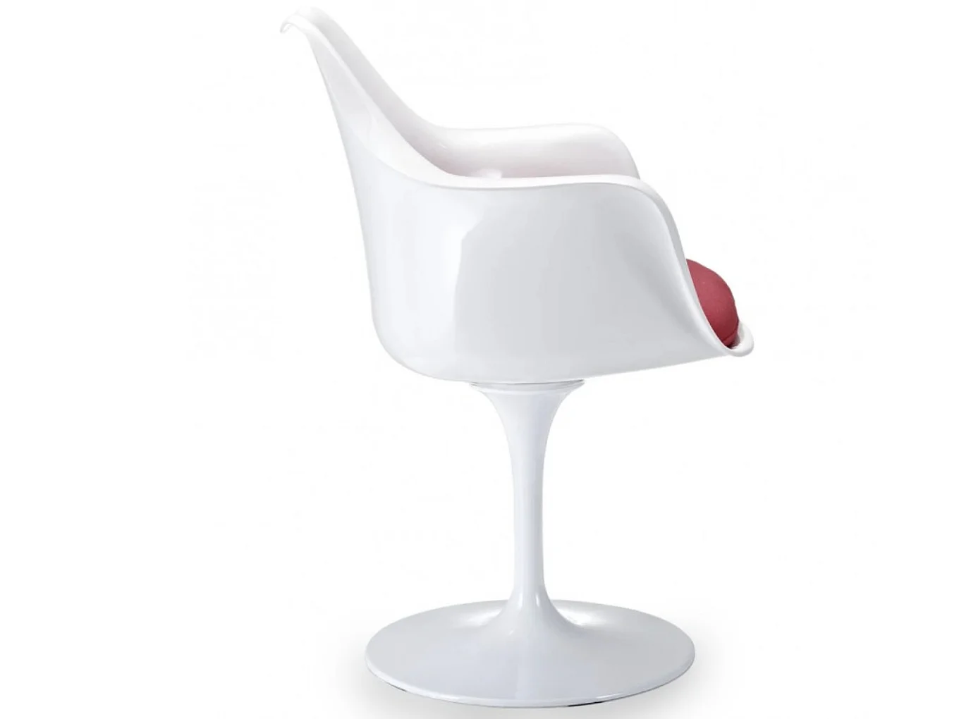 Fauteuil blanc brillant avec coussin tissu rouge pétale de tulipe