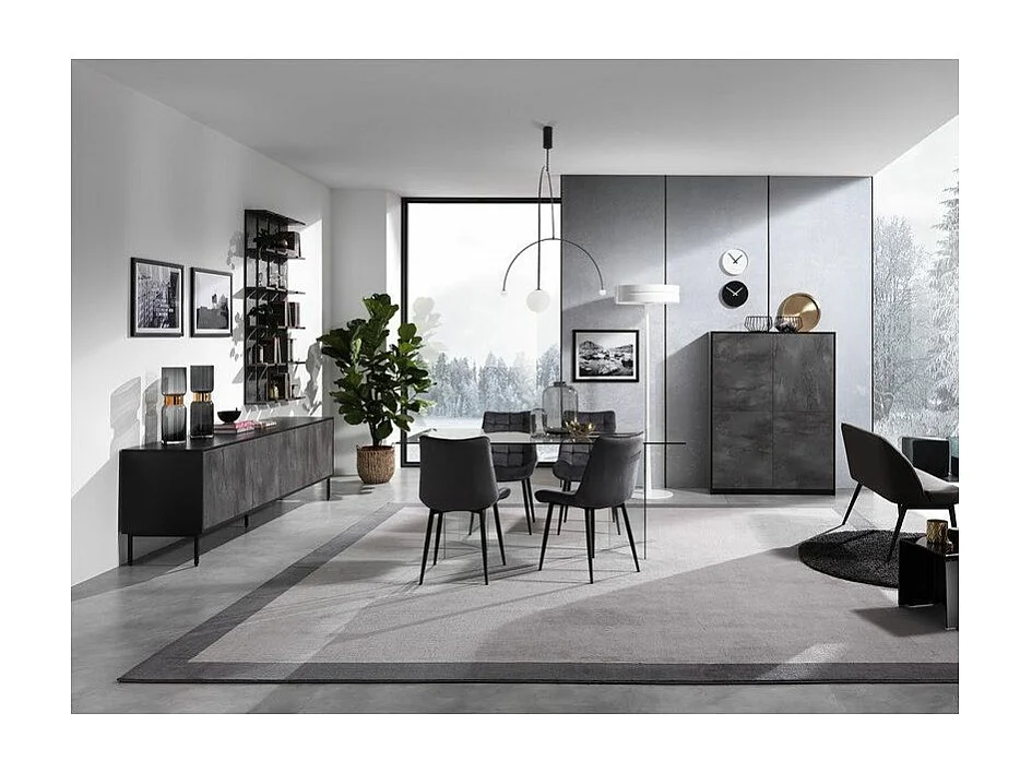 Lottac donkergrijze fluwelen stoel en zwart metalen poten - Set van 4