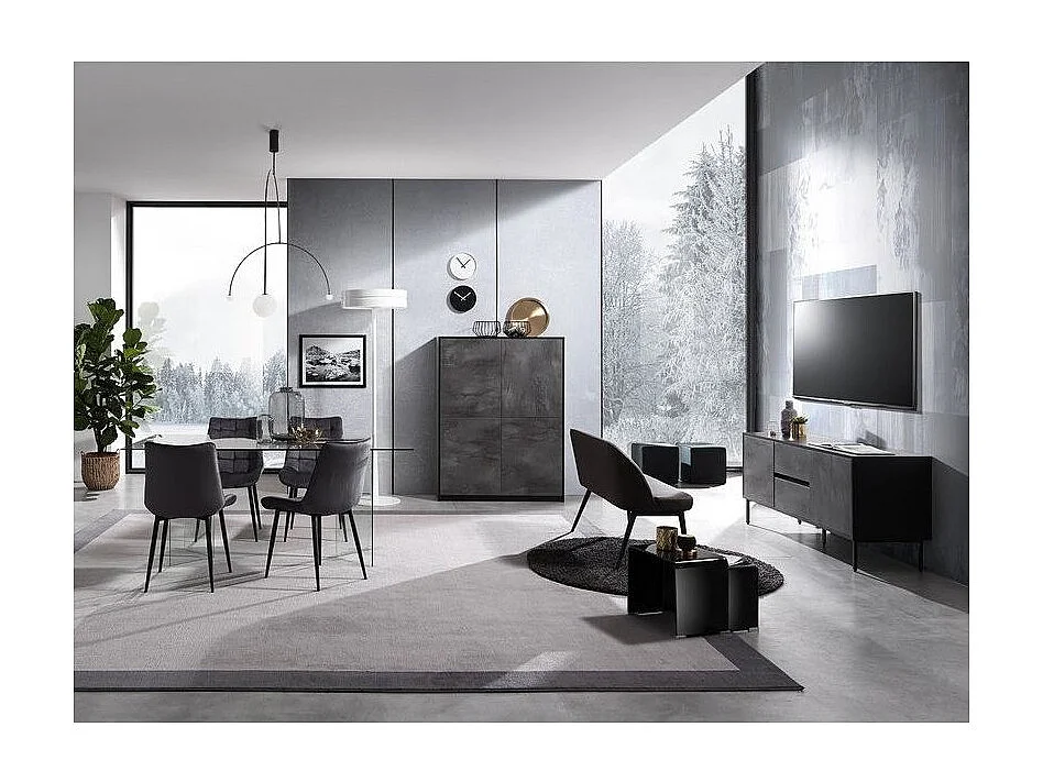 Lottac donkergrijze fluwelen stoel en zwart metalen poten - Set van 4