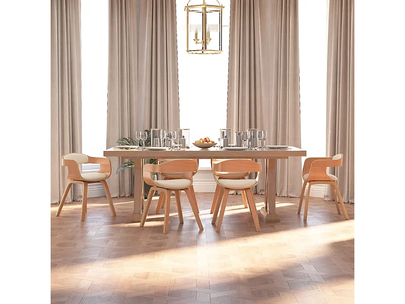 Eetkamerstoelen 6 st gebogen hout en kunstleer crèmekleurig